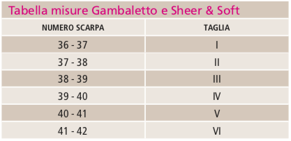 Tabella misure Gambaletto Sheer & Soft Tabella misure Gambaletto Sheer & Soft
