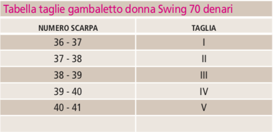Tabella taglie gambaletto donna Swing 70 denari