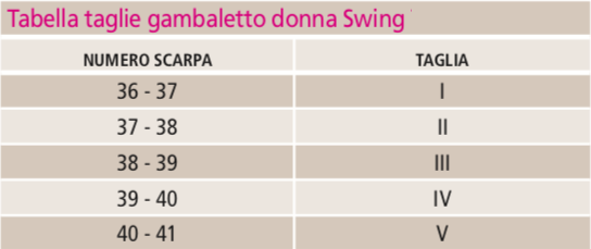 Tabella taglie gambaletto donna Swing Classic
