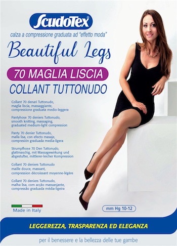 Collant 70 denari maglia liscia, compressione medio-leggera (mm Hg 10-12) corpino tuttonudo, elastico immagliato in vita, tallone liscio, tassello conformato dalla 4a.