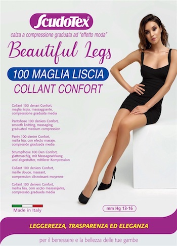 Collant 70 denari maglia liscia, compressione media (mm Hg 13-16) corpino modellante, elastico immagliato in vita, tallone rinforzato, tassello conformato dalla 4a.