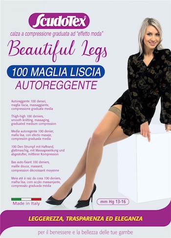 Autoreggente 100 denari maglia liscia, compressione media (mm Hg 13-16) attraente balza in pizzo, bordo siliconato, tallone rinforzato.