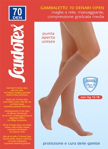 Gambaletto 70 denari punta aperta maglia a rete, compressione media (mm Hg 15-18) unisex, con bordo equilibratamente elasticizzato che sostiene senza stringere.