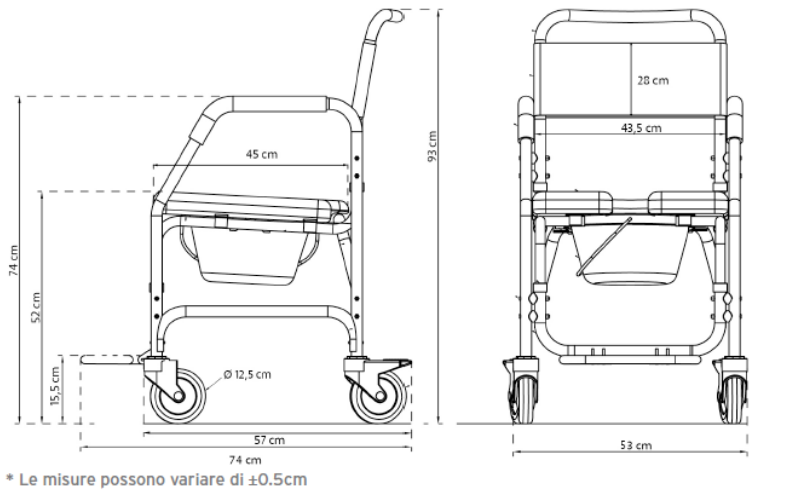 Misure Sedia per doccia e WC fissa con 4 ruote
