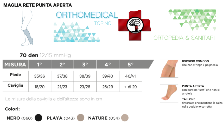 Tabella misure Gambaletti punta aperta Modasana 70 denari 12-15 mmHg maglia rete