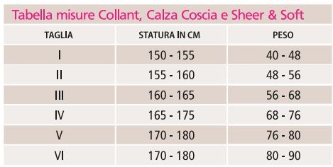 Tabella misure calze autoreggenti Swing Sheer & Soft 70 denari